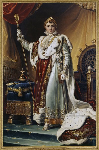 I. Bonaparte Napóleon császár (1769-1821) portréja koronázási jelmezben. (I. Bonaparte Napóleon császár portréja koronázási ruhájában). Francois Pascal Simon festménye, báró Gerard (1770-1837), olaj, vászon, 1804 körül. Francia művészet alkotó: Baron François Pascal Simon Gérard