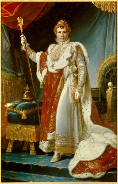 I. Napóleon portréja a lábán szent viseletben (1769-1821) Francois Gerard francia festészetének császára (1770-1837). 1805. Dim. 2,23 x 1,43 m. Versailles, musee du Chateau – I. Napóleon egész alakos portréja koronázási köntösben (1769-1821) császár alkotó: Baron François Pascal Simon Gérard