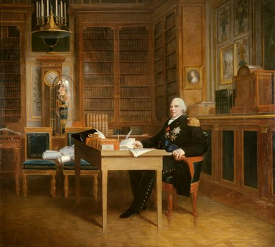 XVIII. Lajos portréja (1755-1824) irodája a Tuileriákban van, és Francois Gerard (1770-1837) Marigny utáni Charta-festményén elmélkedik. 19. század. Homályos. 2,7x3,1 m. - XVIII. Lajos (1755-1824) portréja, aki a Charta felett meditál, ül alkotó: Baron François Pascal Simon Gérard