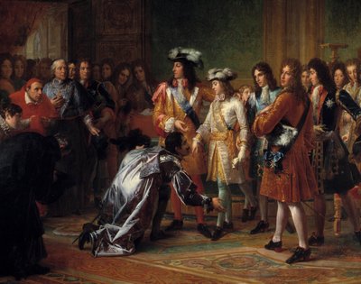 Anjou herceg, Spanyolország királyának kikiáltása V. Fülöp néven 1700. november 16-án (kék jelmezben, a bal oldali bíboros mögött Jacques-Benigne (Jacques Benigne) Bossuet áll). Francois Gerard (1770-1837) festménye. 18. századi V alkotó: Baron François Pascal Simon Gérard