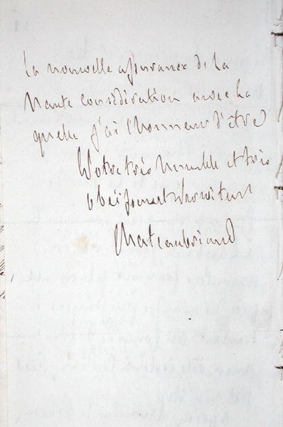Levél az író aláírásával, amelyet Frankfurtban írt útban Chateaubriand új berlini miniszteri megbízotti posztjára, 1821. január 7-én (toll és tinta, papír). alkotó: Francois Rene Vicomte de Chateaubriand