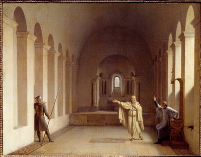 Jacques de Molay (Molai) (1243-1314), a templomosok nagy mestere, Jacques de Molay 1307 óta megállt, a Chinon királyi palotában tartják fogva, ahol pápai és királyi képviselők kihallgatják. Francois Richard Fleury (1777-1852) festménye S alkotó: Francois Richard Fleury