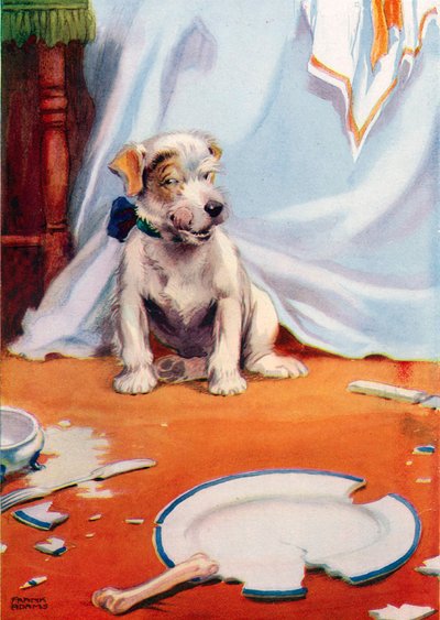 Kutya törött tányérral (színes litho) alkotó: Frank Adams