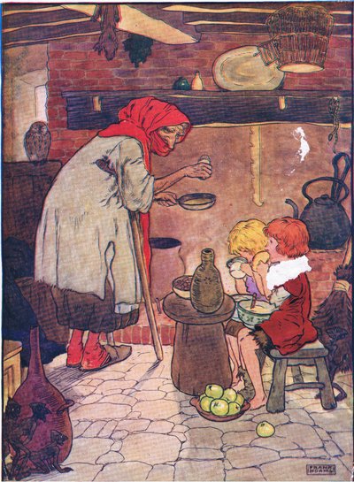 Bevezette őket, és gyönyörű vacsorát adott nekik a Blackie & Son Limited által kiadott Hansel and Greteltől, 1940 körül. alkotó: Frank Adams