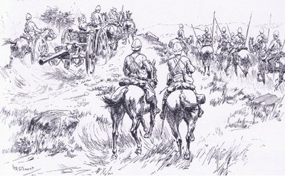 Bullers lovasság és tüzérség előrenyomulva Bergendalon, illusztráció: Pretoria után: A gerillaháború, 1902 alkotó: Frank Algenon Stewart