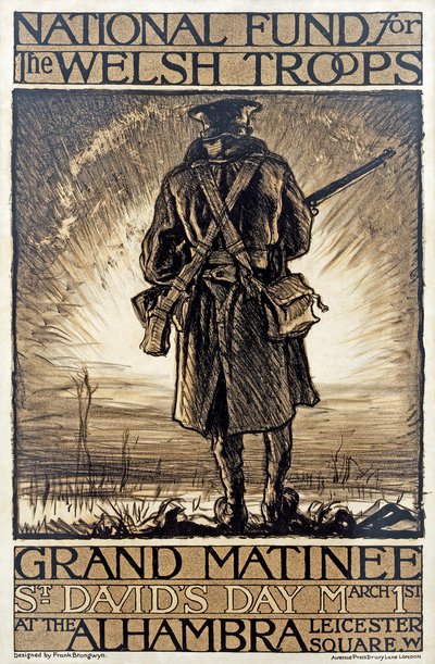 A walesi csapatok nemzeti alapja számára adománygyűjtő eseményt hirdető plakát, 1915. március 1., alkotó: Frank Brangwyn