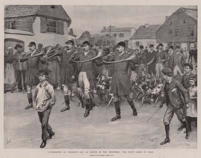 Szent Hubert nap ünneplése Bievre-ben az ardennekben, a vadászat misére megy alkotó: Frank Dadd