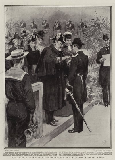 Őfelsége kitünteti Guy alhadnagyot a Viktória-kereszttel. alkotó: Frank Dadd