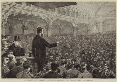 Liberális tüntetés Manchesterben, Lord Hartington beszédet mond a Pomona Gardens Palace-ban tartott ülésen alkotó: Frank Dadd