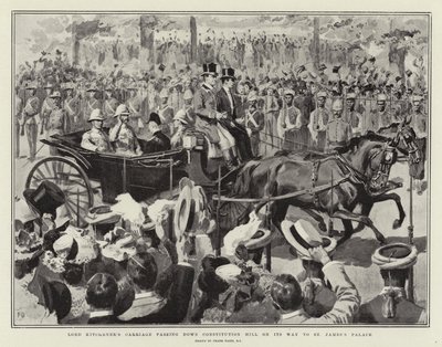 Lord Kitchener hintója halad le az Alkotmány-dombon a Szent Jakab-palota felé vezető úton alkotó: Frank Dadd