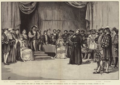 Luther az 1521-es wormsi diéta előtt, jelenet Luther történelmi drámájából, Wormsban, 1883. október 30. alkotó: Frank Dadd