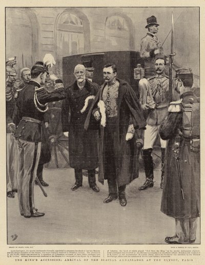 A király csatlakozása, a különleges nagykövet érkezése az Elysee-be, Párizs alkotó: Frank Dadd
