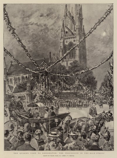 A királynő látogatása Kensingtonban, a körmenet a High Streeten alkotó: Frank Dadd