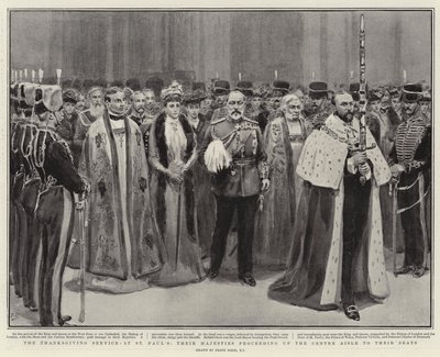A hálaadó istentisztelet a Szent Pál-templomban, Őfelségeik a középső folyosón haladnak felfelé a helyükre. alkotó: Frank Dadd