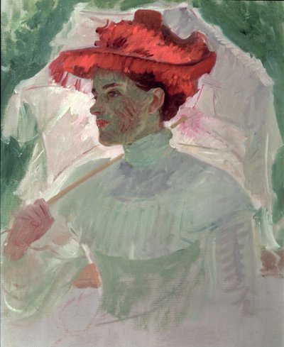 Nő vörös kalappal és napernyővel alkotó: Frank Duveneck