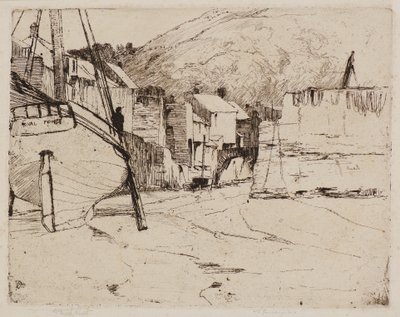 Polperro kikötő híddal (rézkarc) alkotó: Frank and Goulding Frederick Short