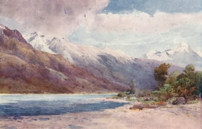 Új-Zéland: Wakatipu-tó partján (színes litográfia) alkotó: Frank H Wright