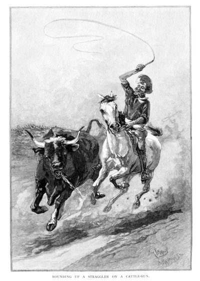 Egy szarvasmarha-futtatáson lévő vándor felkerekítése, Ausztrália, 1886 alkotó: Frank P. Mahony