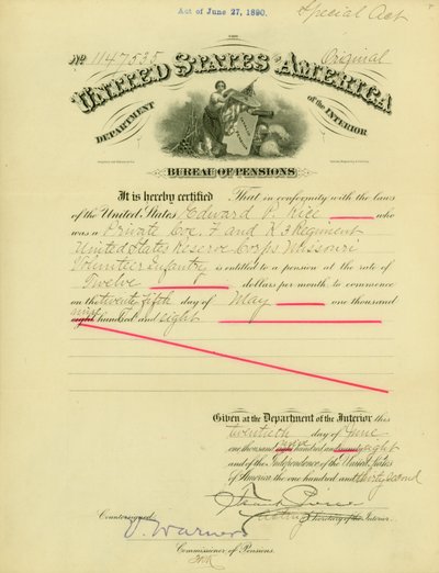 Közlemény a nyugdíjjogosultságról Edward Parker Rice -nek, 1908. június 20 alkotó: Frank Pierce