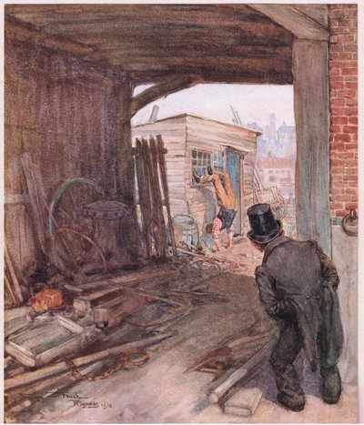 A célállomásra érkezve az első tárgy, ami a szemébe ötlött, egy pár nagyon tökéletlenül patkolt láb volt a levegőben, 1920 körül (színes litográfia). alkotó: Frank Reynolds