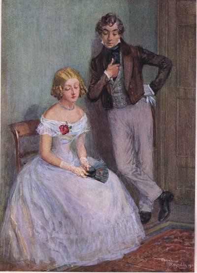 "Biztos vagyok benne, hogy nem tudom, mire gondol, Mr Swiveller" - mondta Miss Sophy lesütött szemmel , 1920 körül (színes litográfia). alkotó: Frank Reynolds