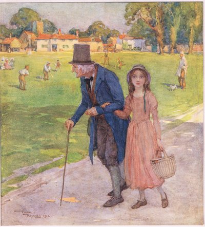Nagyon kicsi hely volt. A férfiak és a fiúk kriketteztek a zöldön, 1920 körül (színes litográfia). alkotó: Frank Reynolds