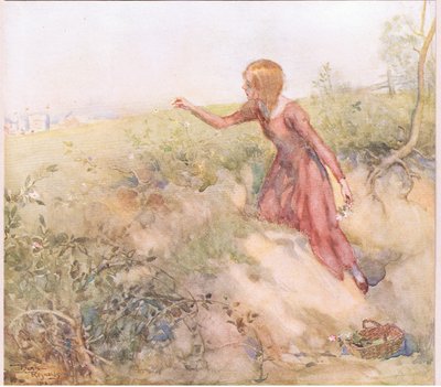 Nem sokkal reggel, napfelkelte után kilopakodott a sátorból, és a távolabbi mezőkre tévedve leszedett néhány rózsát, 1920 körül (színes litográfia). alkotó: Frank Reynolds