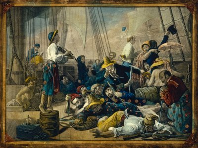 Női ruhába öltözött kalózok megpróbálnak becsapni egy kereskedelmi hajót alkotó: François Auguste Biard