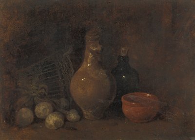 Csendélet négy gyümölccsel, üveggel és kerámiával alkotó: François Bonvin