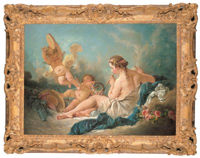 Egy fekvő nimfa furulyázik Puttival, Talán a Muse Euterpe, 1752 alkotó: François Boucher