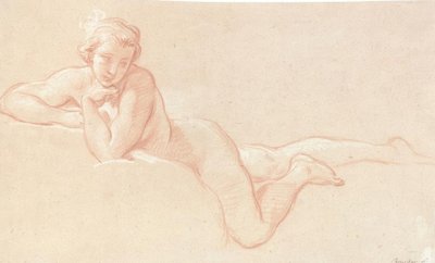 Meztelen tanulmány egy nőről, aki a felhőkön fekszik, állát a bal kezére támasztja alkotó: François Boucher