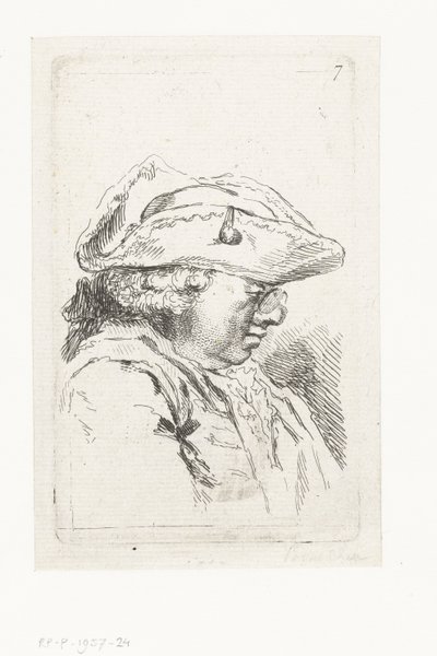 Szemüveges és tricorne férfi feje Kisebb műfaji darabokból és címsorokból álló sorozat (sorozat címe) alkotó: François Boucher