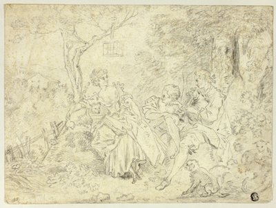 Pásztorlányok és fiatalember dudán játszik alkotó: François Boucher
