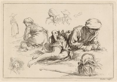 Ábratanulmányok, beleértve a fekvő fiút alkotó: François Boucher after Abraham Bloemaert