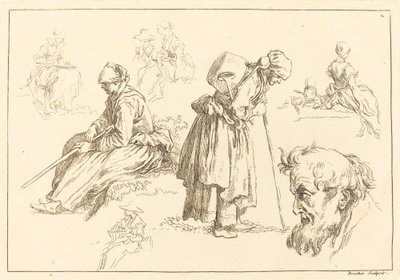 Ábratanulmányok, beleértve a nőt vízforralóval alkotó: François Boucher after Abraham Bloemaert