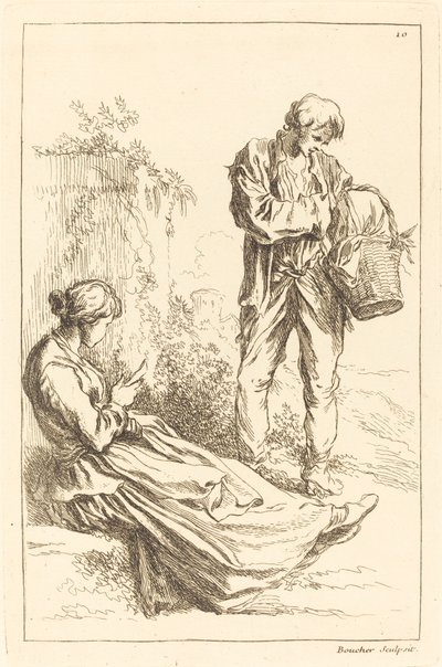 Ülő nő parasztfiúval, aki egy kosarat tart alkotó: François Boucher after Abraham Bloemaert