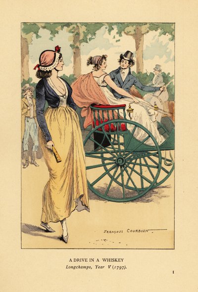 Divatos pár egylovas whiskys kocsin vezet vagy fellép Longchampsban, Párizsban, V. év alkotó: François Courboin
