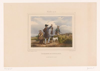 Hunter megmutatja egy másik vadásznak a lelőtt nyulat Le chasseur en jouissance (cím a tárgyon) Vadászok fegyverrel (sorozat címe) Chasses au Tir (sorozat címe az objektumon) alkotó: François Grenier