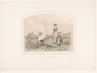 Fiú homárt mutat a nőnek és a gyermeknek a patak mellett Le ruisseau (cím a tárgyon) alkotó: François Grenier