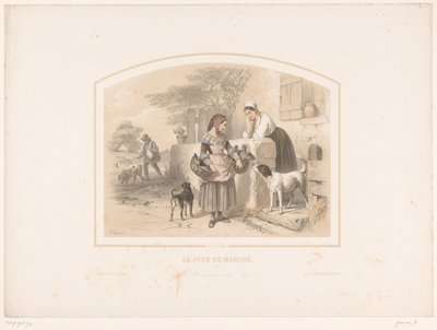 Nő kosaras baromfival megy a piacra Le jour de marché (cím a tárgyon) alkotó: François Grenier