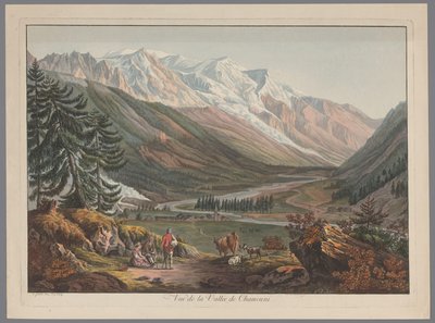 Kilátás a Chamonix-i völgyre Vue de la Vallée de Chamouni (cím a tárgyon) alkotó: François Guillaume Lardy (possibly)