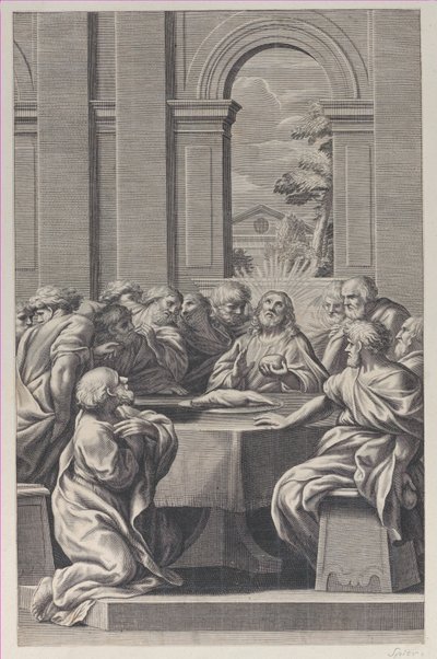 Az utolsó vacsora, egy klasszikus épület belseje Krisztussal és apostolainak székével..., 1660-81. alkotó: François Spierre