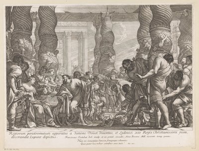 Sámsont egy oszlophoz vezetik Dagan templomában alkotó: François Tortebat