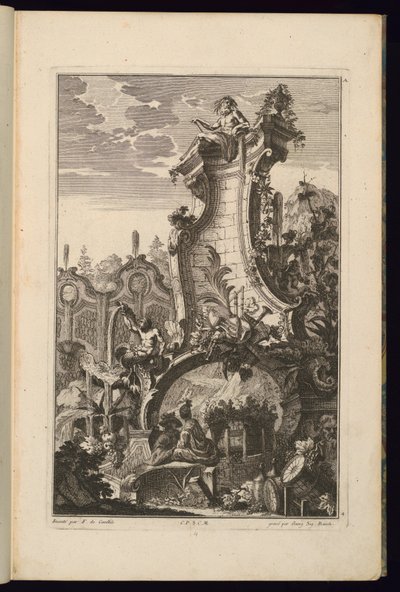 Tervezés a szökőkúthoz hangszertrófeával alkotó: François de Cuvilliés the Elder