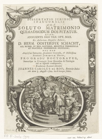 Minerva lauwert schrijver Címlap: Johannes Carolus de Roo, Dissertatio juridica inauguralis, ad tit. ff. felbontott házasság után, hogyan kérik a hozományt, 1722 alkotó: François van Bleyswijck