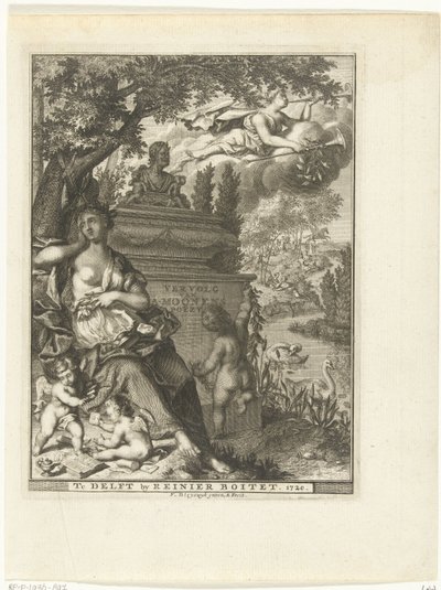 Múzsa és putti Arnold Moonen költő sírjánál ülnek Címlap ehhez: Arnold Moonen, Continued der poëzye, Delft 1720 A. Moonens Poezy folytatása (cím a tárgyon) alkotó: François van Bleyswijck