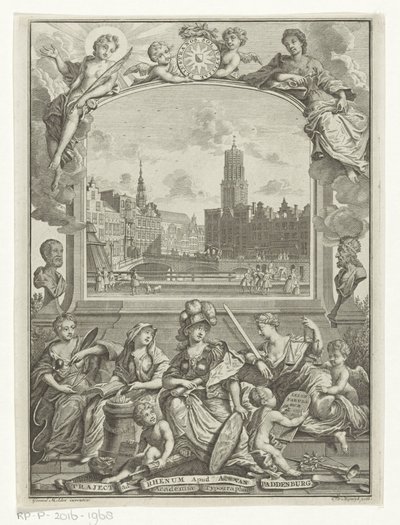 Városkép a Dom templommal Utrechtben és allegóriával a Minervával és az erényekkel alkotó: François van Bleyswijck