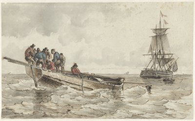 Nyolc ember egy evezős csónakban egy vitorlás hajó közelében alkotó: Frans Arnold Breuhaus de Groot