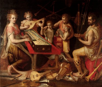A Music Characts vetus a hangszerek ősi környezete allegóriát alkot. Frans Floris (1515-1570) festménye 16. századi gének, magángyűjtemény alkotó: Frans Floris