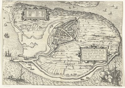 Kaart van het eiland Voorne en plattegrond van Brielle, 1572 Brillium, Holland opp. az egymás közötti holland háború miatt, amely az Üdvösség győzelmének évében, i.sz. 72. április melegében itt kezdte, híres (cím a tárgyon) alkotó: Frans Hogenberg